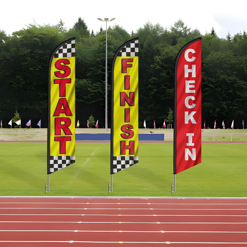 Custom printed feather flags lining a race course