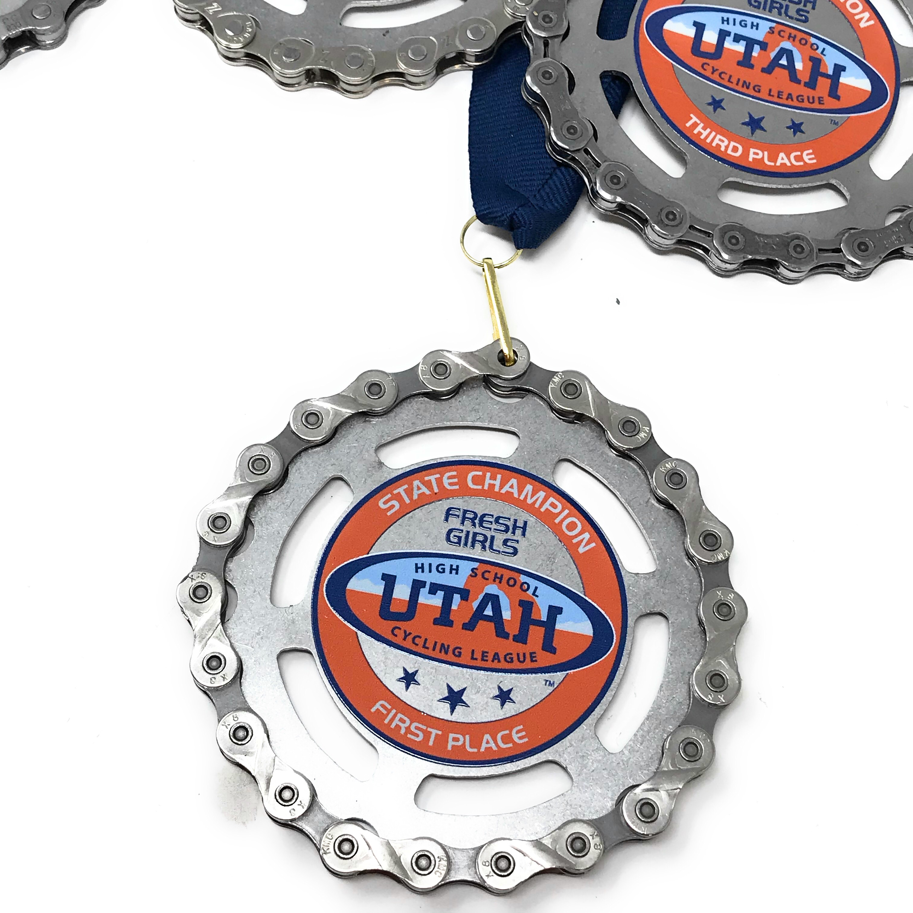 3.75" Aluminum Gear Medal. Full-color print, gear-tooth edge