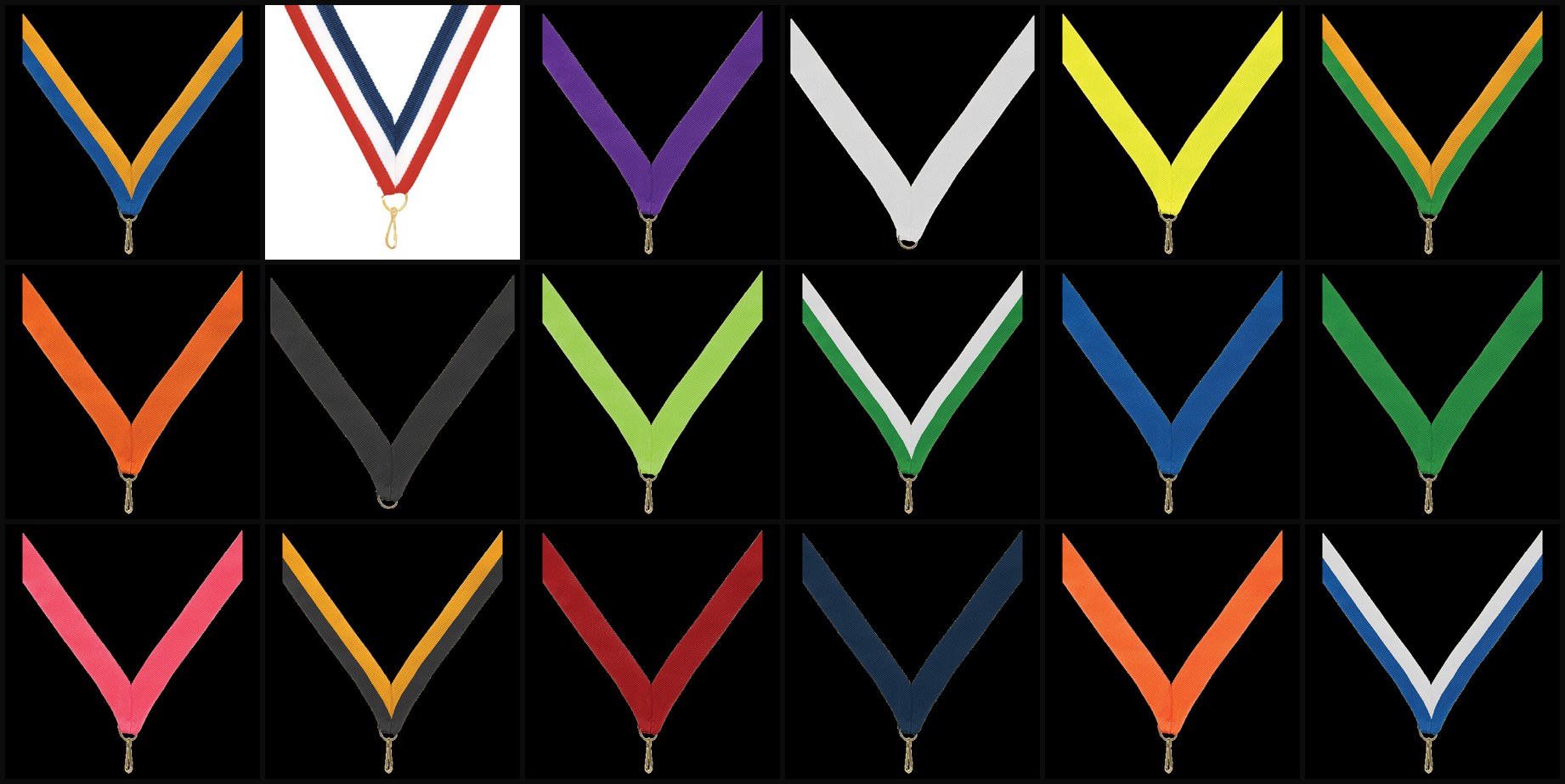 The 18 stock neck-ribbon colors available for custom awards